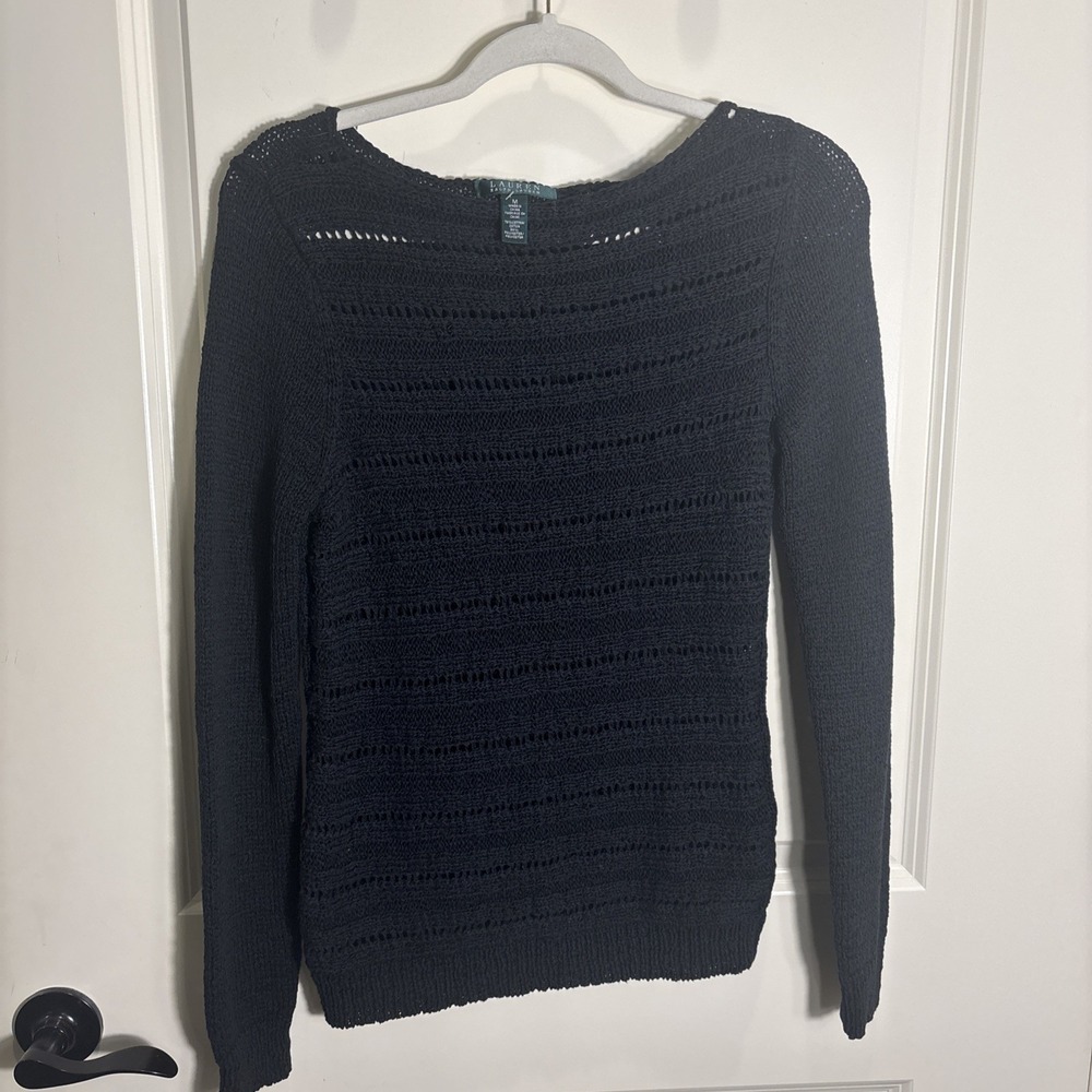 Lauren‎ Ralph Lauren Sweater Medium Cotton Blend Knit Crochet Open Weave Black